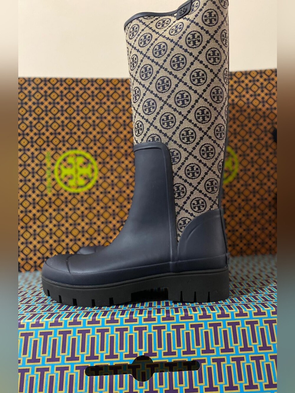 Women Tory Burch T Monogram Navy Rain Boots Size 8
